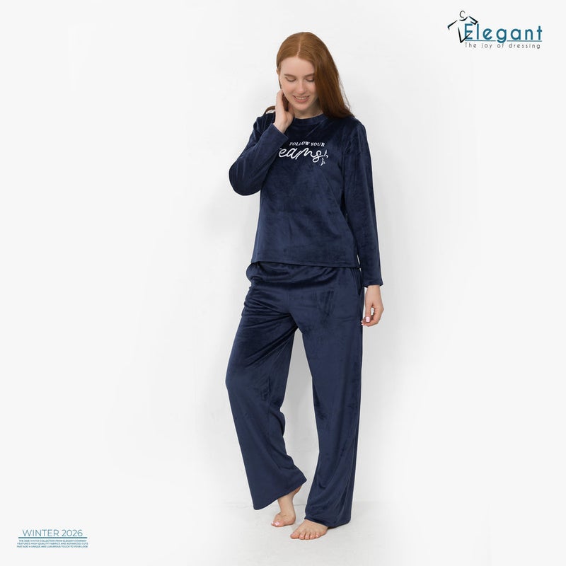 Elegant WIDE LEG Velvet Embroidery Pyjama - Navy-Follow Your Dreams - Image 3